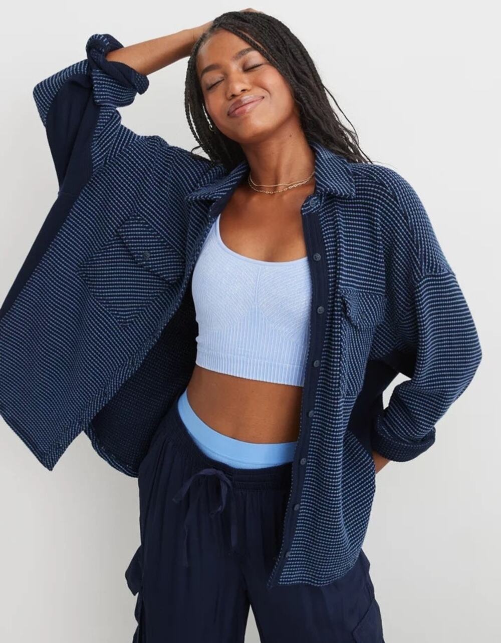 Aerie Blue Lumber Jane Waffle Button Up Oversized Cozy Striped Shirt Size Large